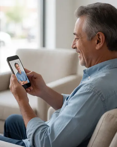 A smiling man with gray hair sits in a photo studio chair, looking at his smartphone screen while reviewing images after a professional session.
