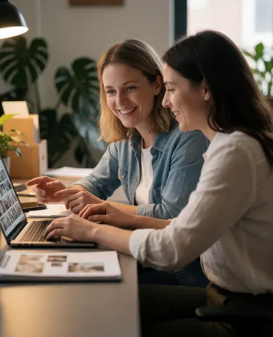 Two female photographers reviewing images on a laptop in a modern office with plants and warm light, collaborating in their photo studio.