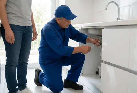 A plumber in blue kneels in a kitchen using a wrench to repair a sink while a customer watches from behind.