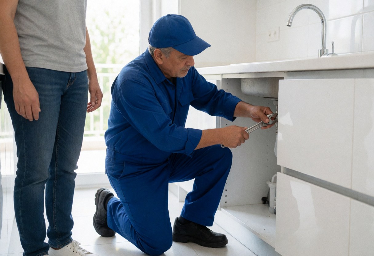 A plumber in blue kneels in a kitchen using a wrench to repair a sink while a customer watches from behind.