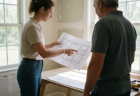 A contractor in a polo shirt and jeans explains construction blueprints to a client during a daytime review of a home renovation project.
