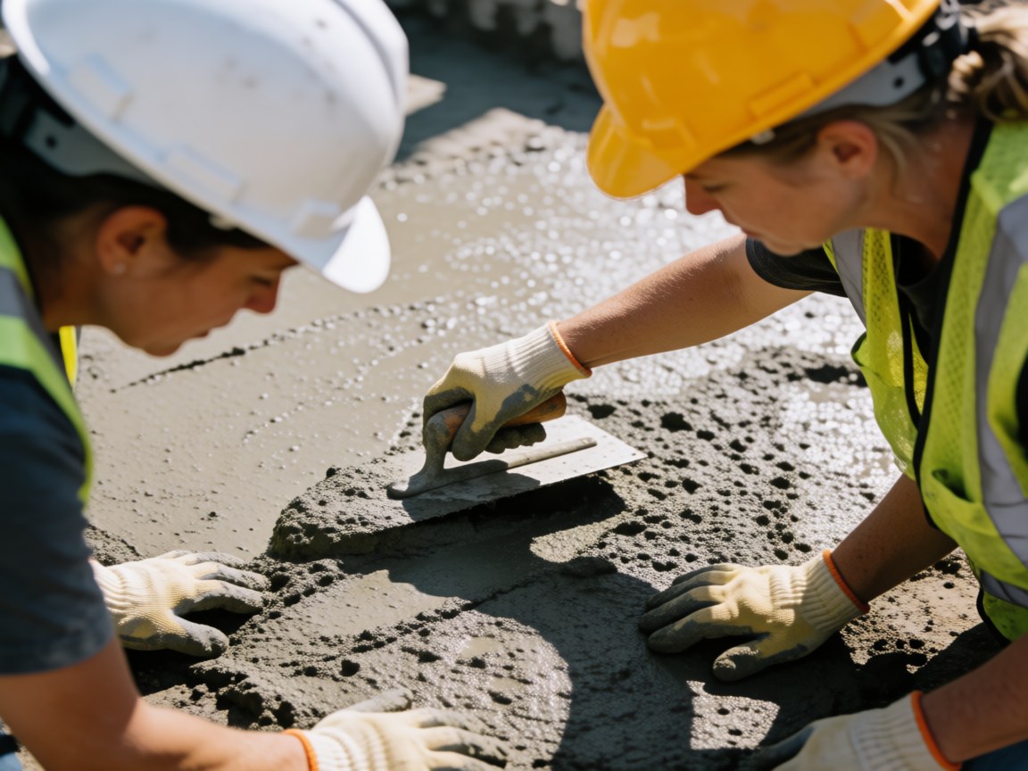 Two workers wearing helmets and vests apply concrete with a trowel on an outdoor construction site, showing material texture and tool details.