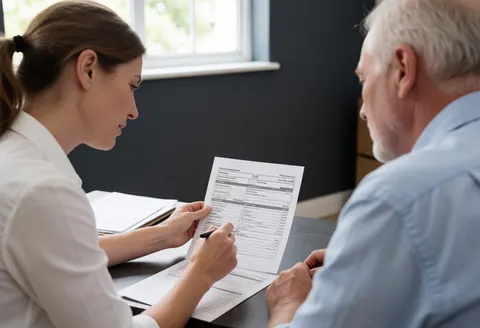 An accountant in an office explains a tax form to a seated client, with natural light from a window and gray walls.