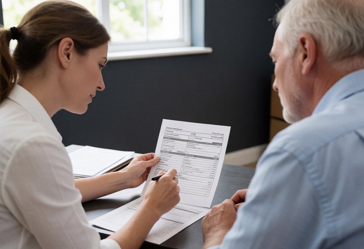 An accountant in an office explains a tax form to a seated client, with natural light from a window and gray walls.