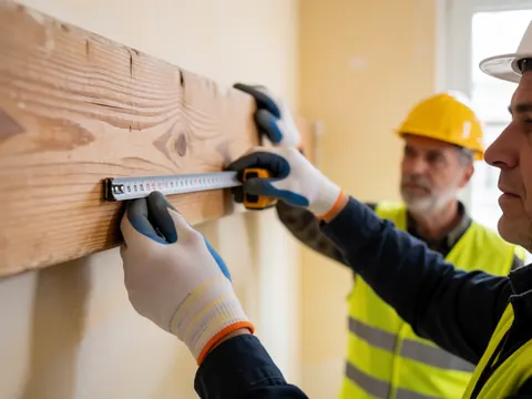Close-up of a construction worker wearing gloves and a hard hat measuring a wooden beam with a tape measure on a job site with natural light.