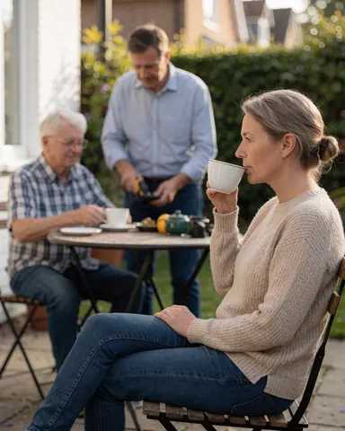 A woman relaxes with tea in the garden while a professional installs a home security system nearby, with another person watching from a table.