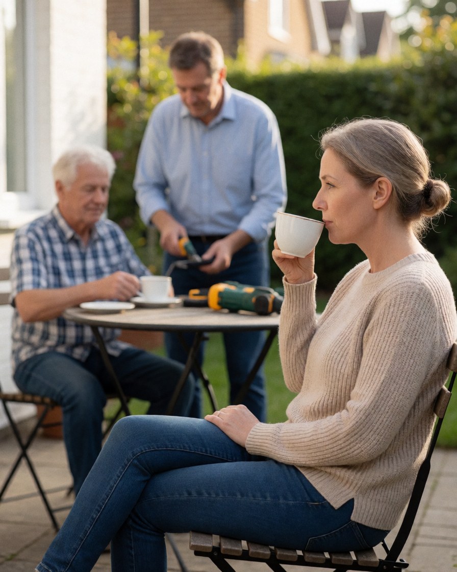 A woman relaxes with tea in the garden while a professional installs a home security system nearby, with another person watching from a table.