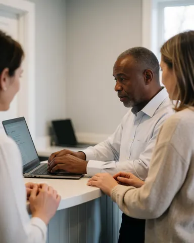 A man works at a computer while two women observe in a modern office setting, illustrating customer service and teamwork.