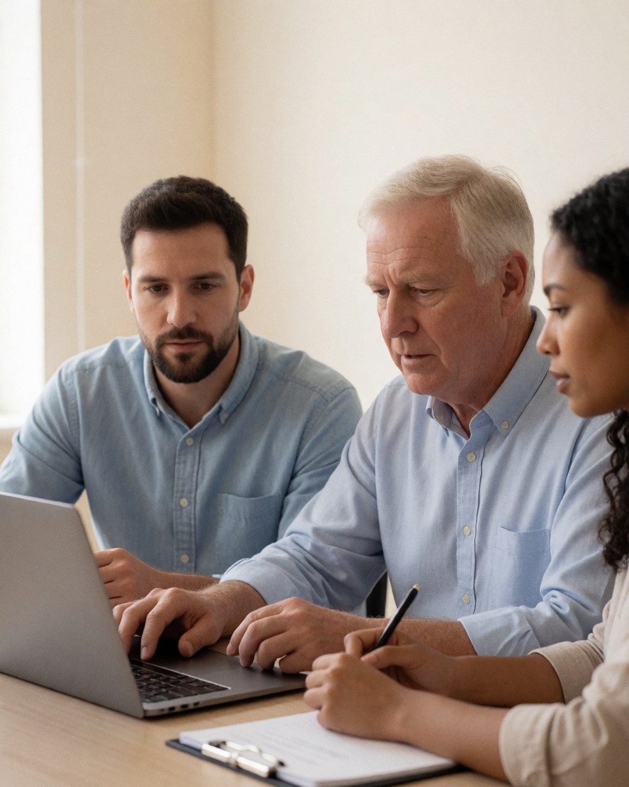 A group of professionals collaborating during a remote work meeting, reviewing documents and discussing strategy at a table with laptops and notebooks.