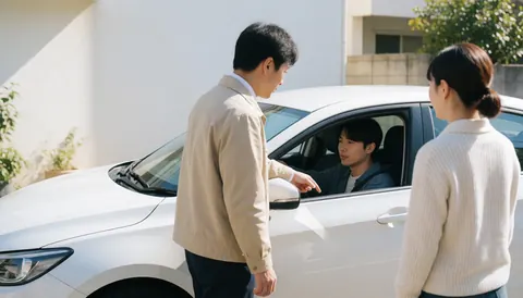 Driving instructor teaching students in a white car on a sunny street with buildings and trees in the background