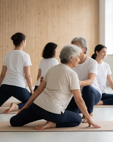 An older woman stretches with the help of an instructor in a wooden studio, while others practice in the background under natural light.