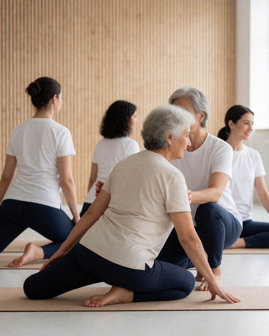 An older woman stretches with the help of an instructor in a wooden studio, while others practice in the background under natural light.