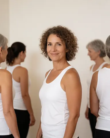 A smiling mature woman with curly hair wearing a white blouse and athletic wear, posing as a yoga instructor in a bright studio with a white background.