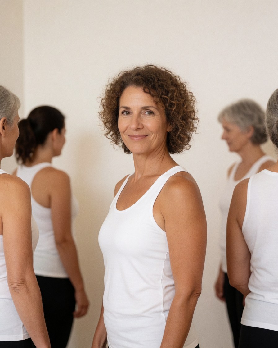 A smiling mature woman with curly hair wearing a white blouse and athletic wear, posing as a yoga instructor in a bright studio with a white background.