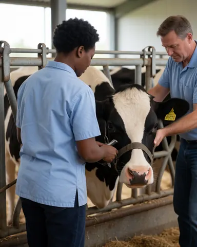 A veterinarian examines a cow on a farm while an assistant helps restrain the animal in a clean rural setting.