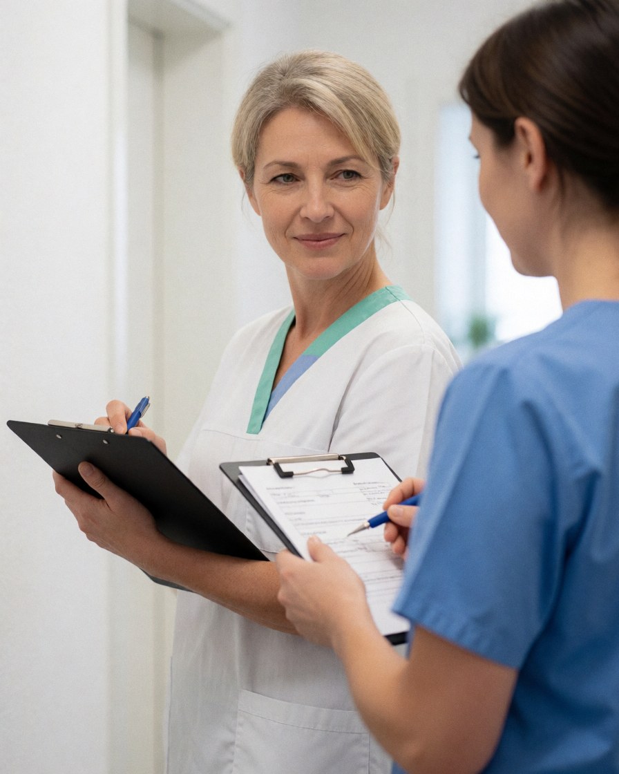 Veterinary technician in uniform holding a notebook and pencil, working in a white-walled clinic hallway with a colleague nearby.