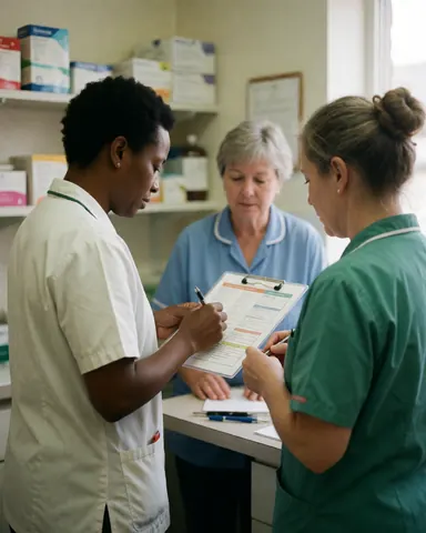 Three veterinary professionals review a document in a clinic with medicine shelves and a work table, showing teamwork and professionalism.