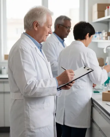 A group of smiling veterinarians wearing white coats standing together in a bright clinic setting, holding clipboards and pens while discussing patient care.