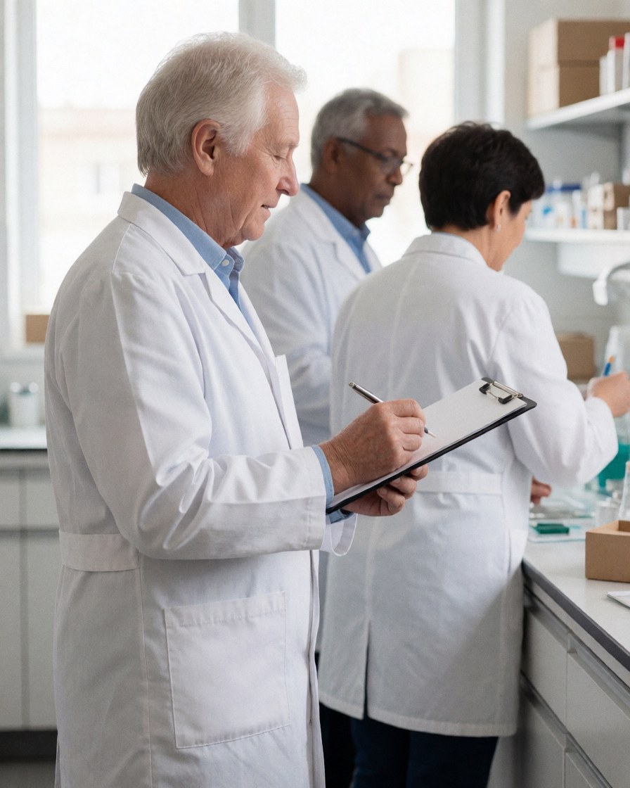 A group of smiling veterinarians wearing white coats standing together in a bright clinic setting, holding clipboards and pens while discussing patient care.