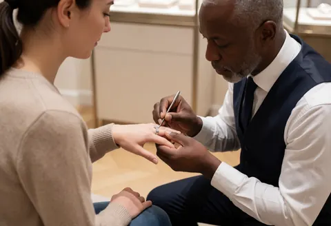 A jewelry store expert uses metal calipers to measure a customer's finger for a custom ring fitting inside the shop