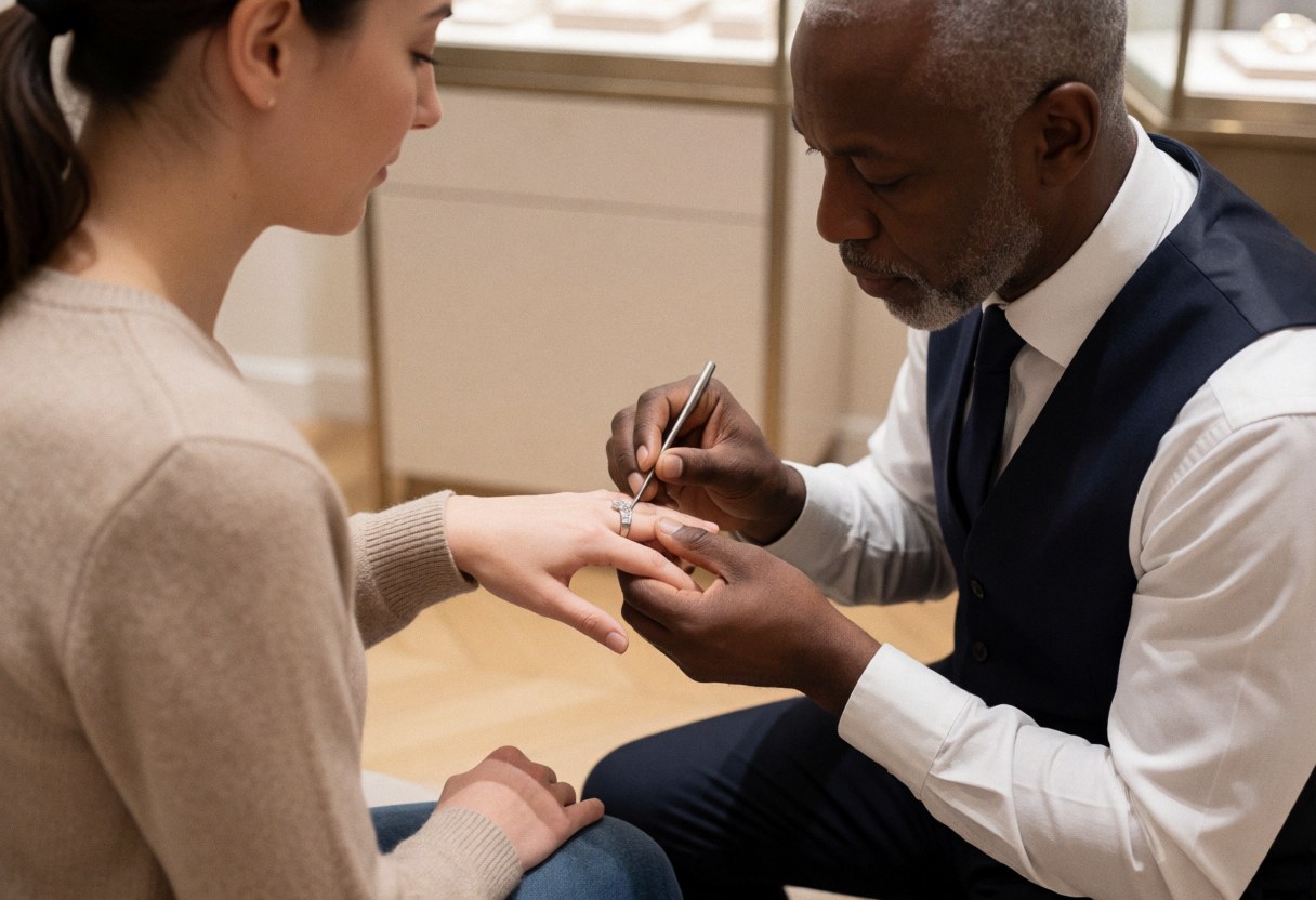 A jewelry store expert uses metal calipers to measure a customer's finger for a custom ring fitting inside the shop
