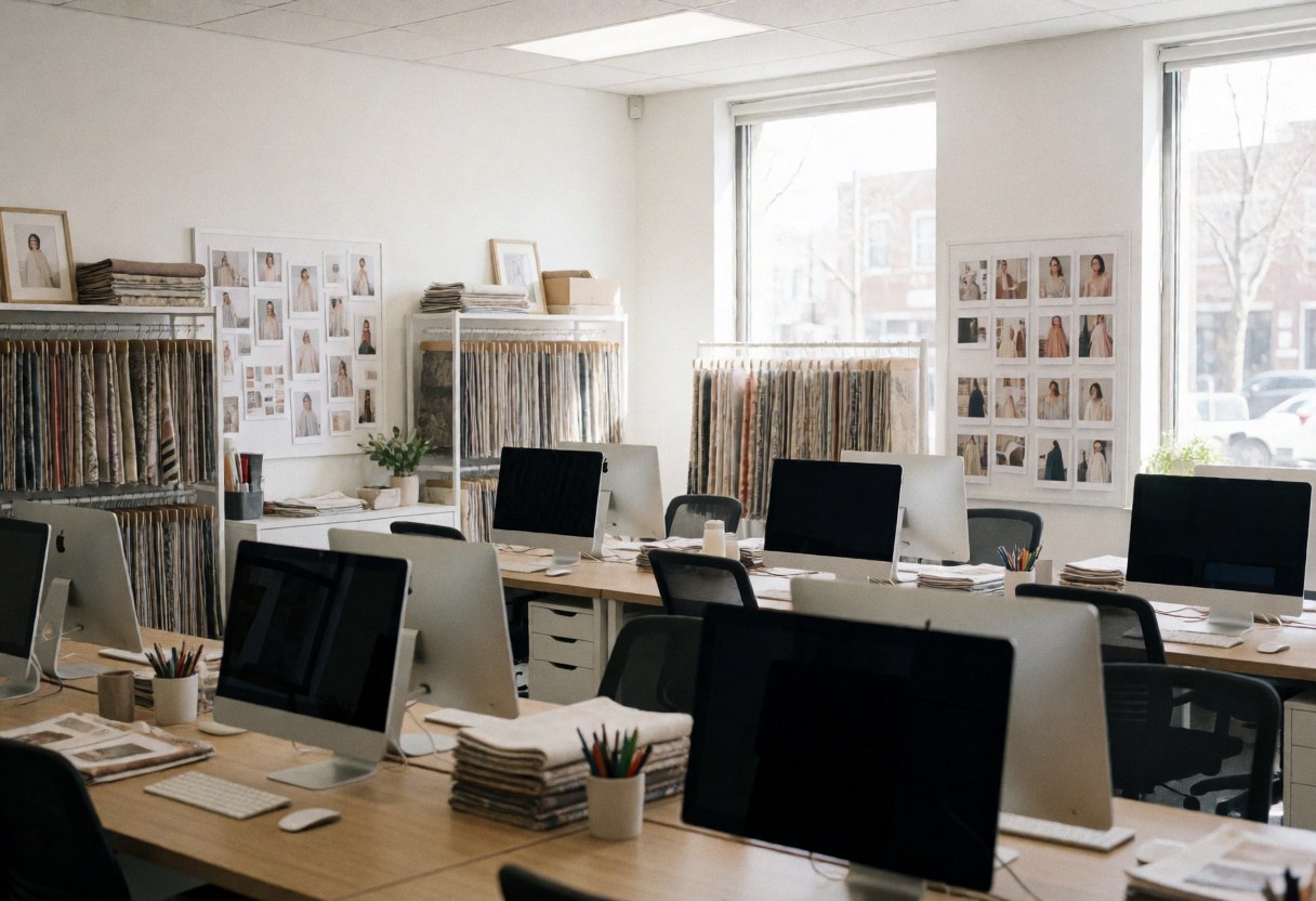 Bright event planning office featuring desks, computers, office furniture, fabric swatches, and mood boards near large windows with natural light.