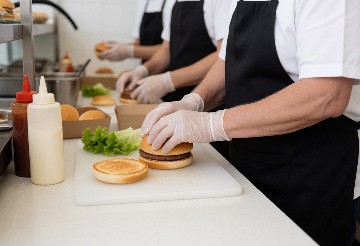 A chef prepares fresh hamburgers in a fast food kitchen, adding lettuce and sauce to buns with a knife and cutter