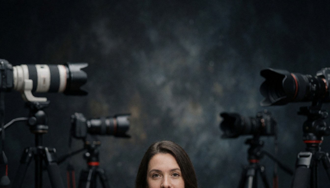 A professional photography studio featuring multiple cameras mounted on tripods against a dark, textured background, ideal for artistic and commercial use.