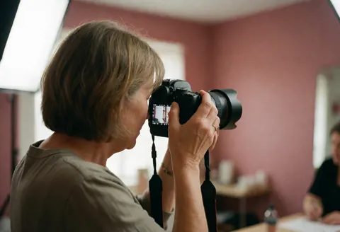 Professional female photographer adjusting DSLR camera settings in a pink studio while taking photos with a person in the background