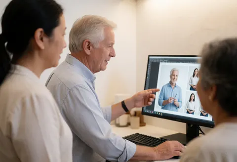 Senior photographer reviews images on a monitor with two clients in a professional photo studio with light walls and computer equipment.