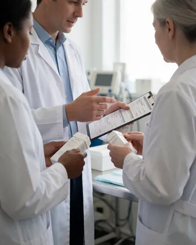 A group of veterinary professionals collaborating and discussing medical cases in a clean clinic setting, emphasizing teamwork and professional care for animals.