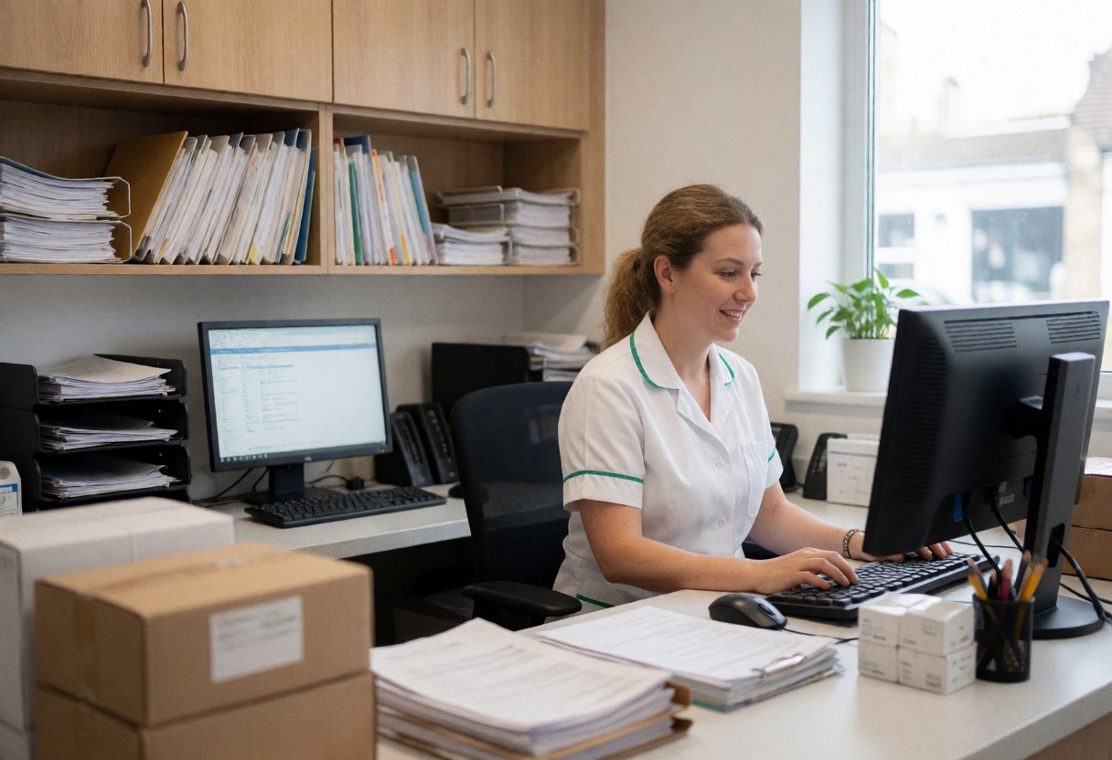 A veterinary administrator works at a tidy desk with computers, paperwork, and medicine boxes in a bright, organized clinic office.