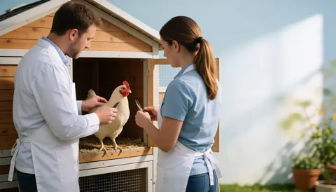 A veterinarian and assistant examine a hen in a clean wooden coop during the day with visible tools