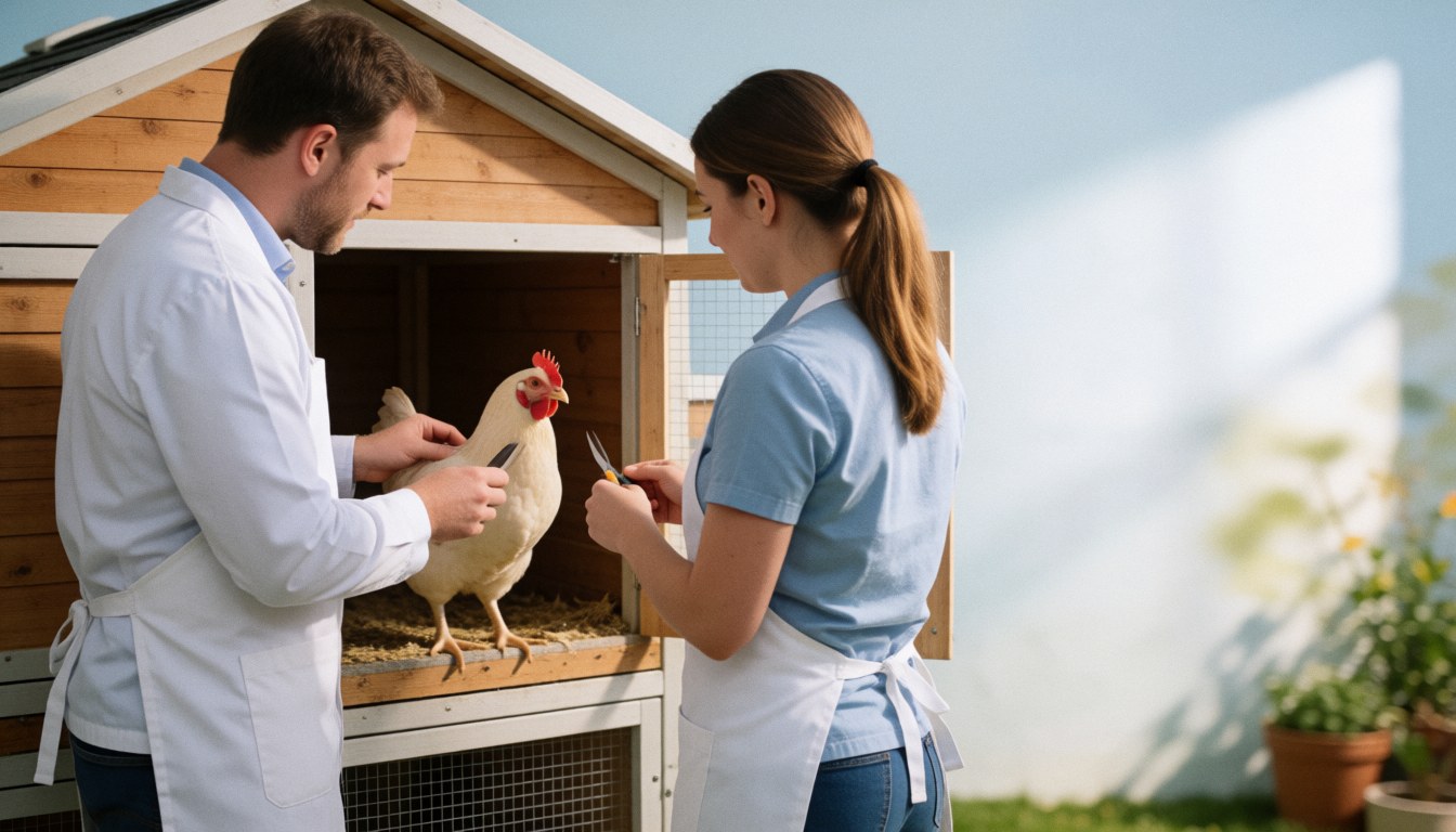 A veterinarian and assistant examine a hen in a clean wooden coop during the day with visible tools