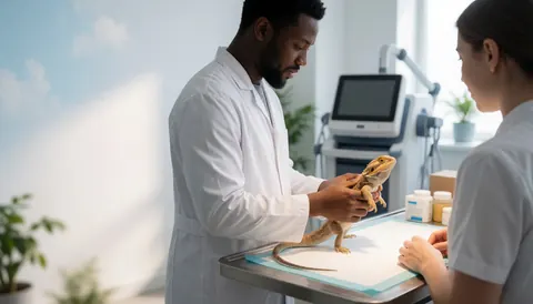 A veterinarian examines a bearded dragon lizard in a clean clinic while a person observes nearby with medical equipment and natural light.