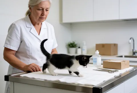 A small black and white kitten undergoing a health checkup on an examination table inside a clean and modern veterinary clinic.