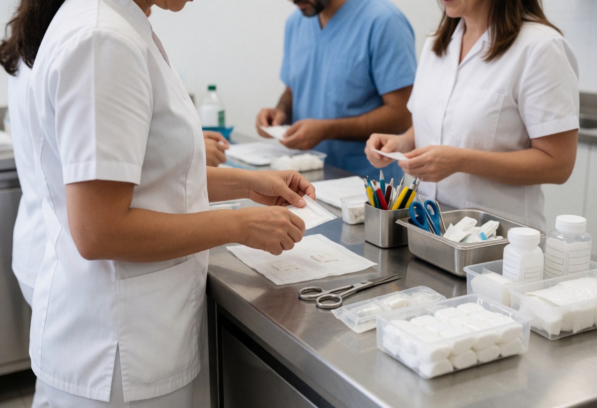 Veterinary technician preparing medical instruments on a stainless steel counter with gloves, scissors, and other tools organized.