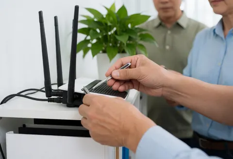 A technician installing a wireless router and connecting cables in a professional office setting for IT support services