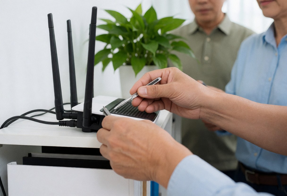 A technician installing a wireless router and connecting cables in a professional office setting for IT support services