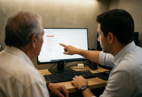IT technician helping an older client with a computer in an office with concrete walls, showing a screen and keyboard.