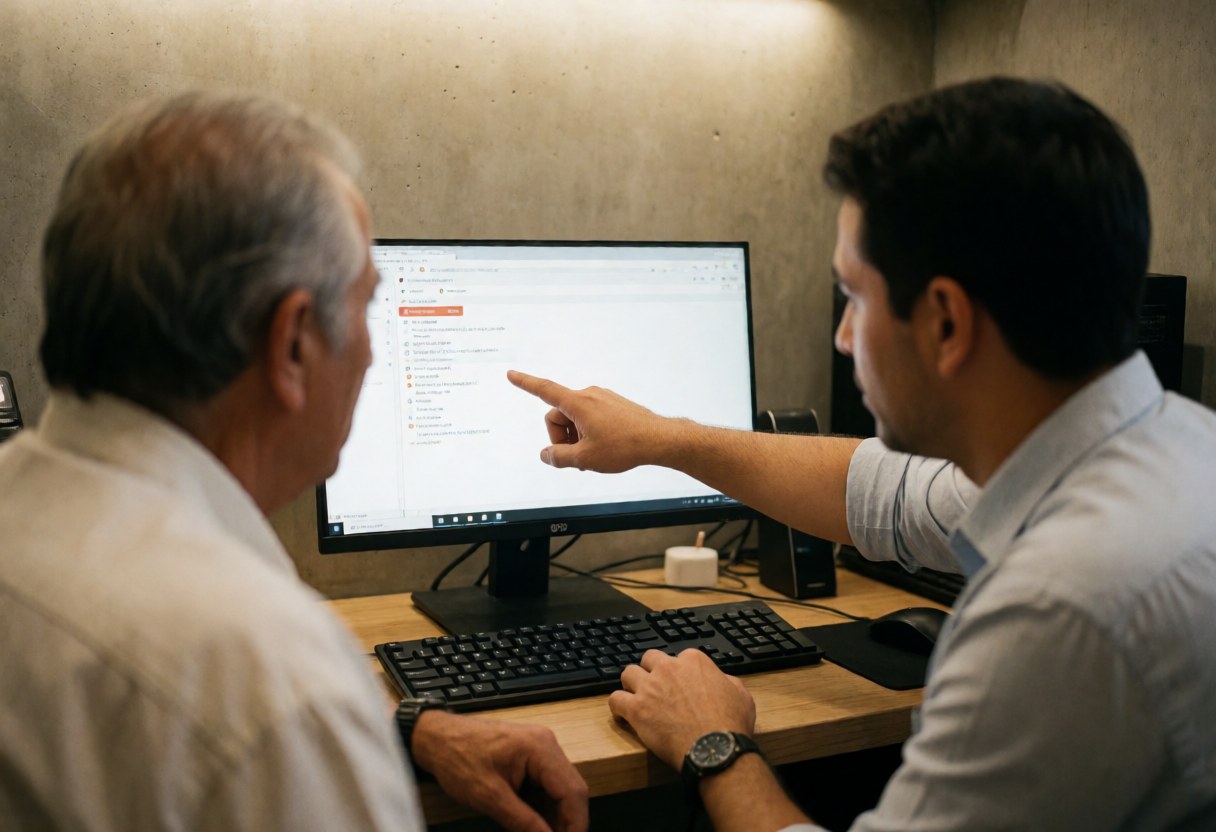 IT technician helping an older client with a computer in an office with concrete walls, showing a screen and keyboard.