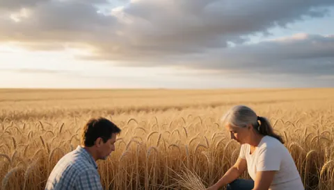 Two farmers inspecting a golden wheat field under a cloudy sunset sky, working together during harvest season.