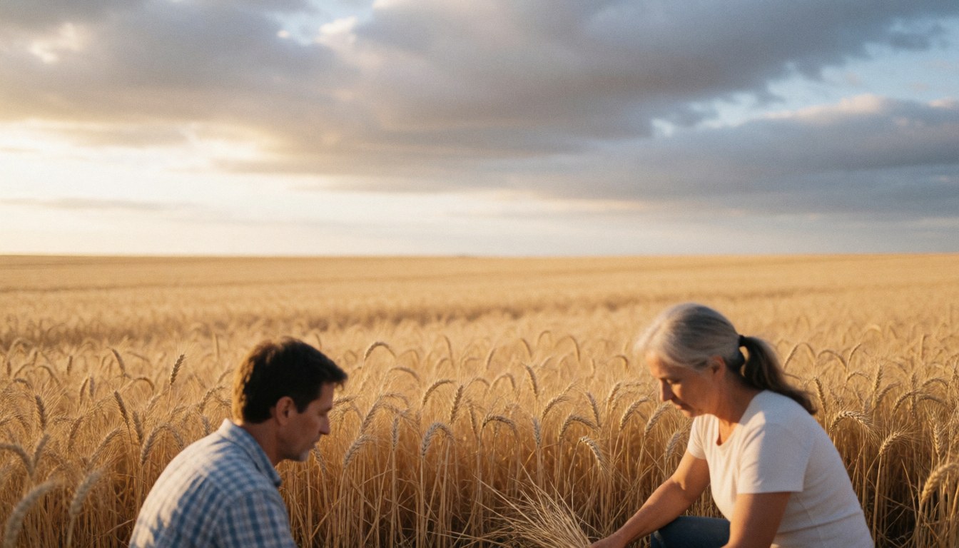 Two farmers inspecting a golden wheat field under a cloudy sunset sky, working together during harvest season.