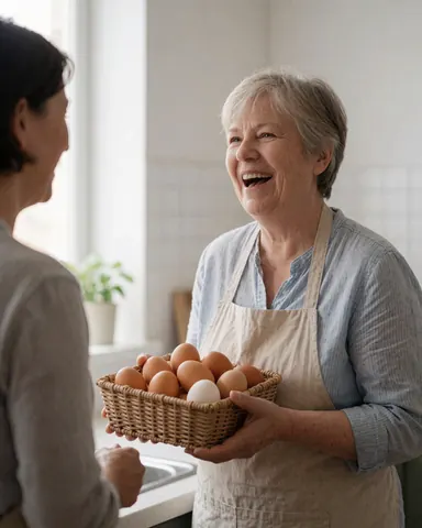 A smiling woman holding a basket of fresh organic eggs, showcasing natural produce for health-conscious consumers and sustainable farming.