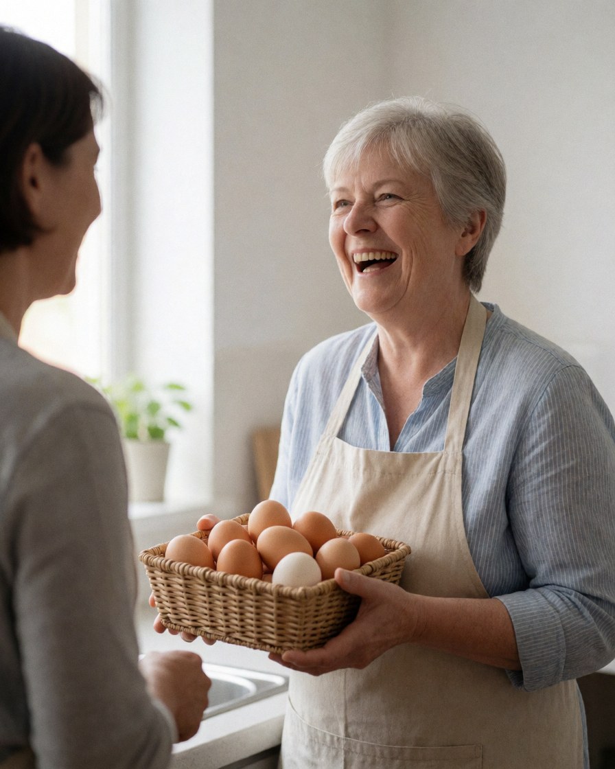 A smiling woman holding a basket of fresh organic eggs, showcasing natural produce for health-conscious consumers and sustainable farming.