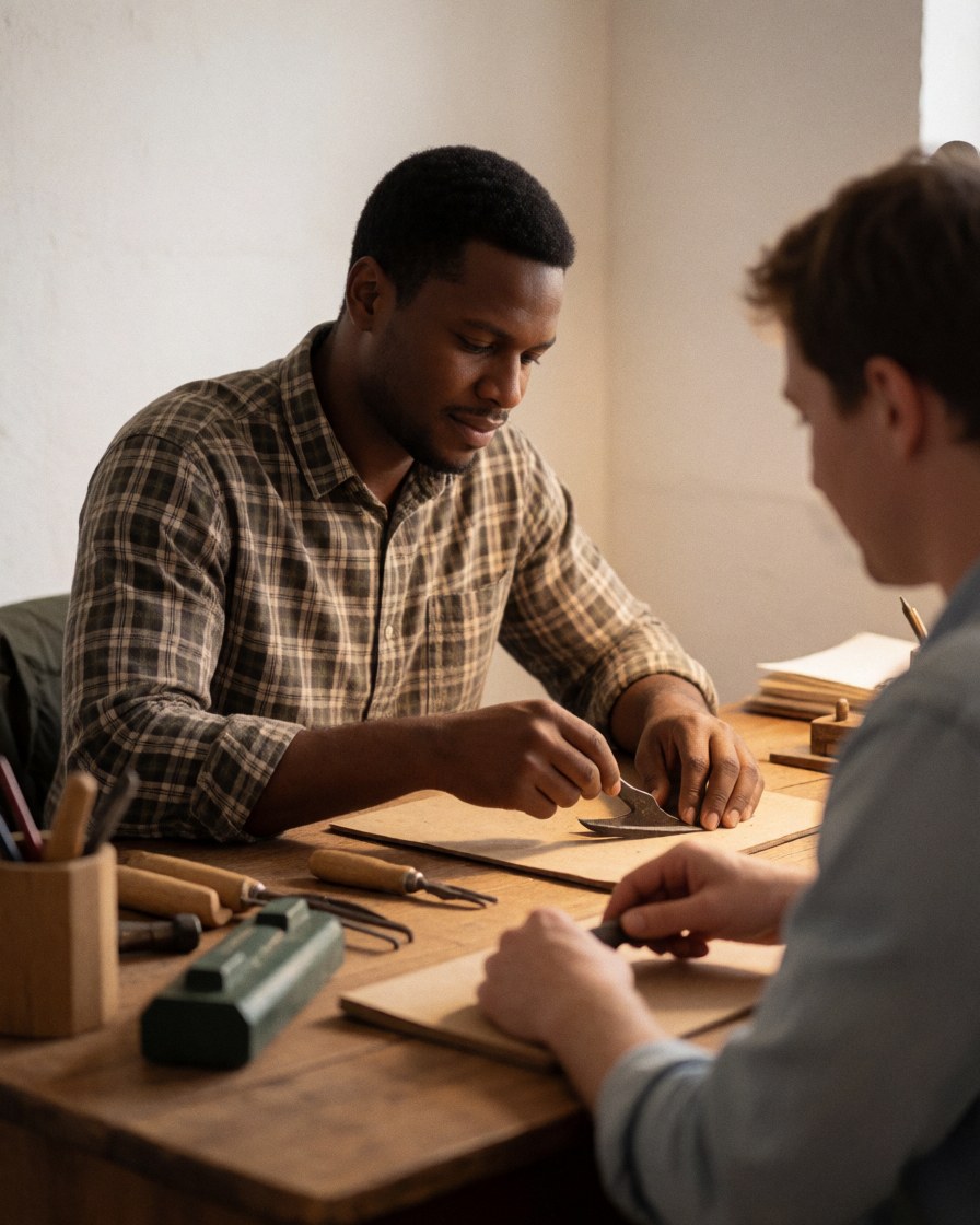 A farmer working at a wooden desk in a rustic office setting, surrounded by tools and paperwork.