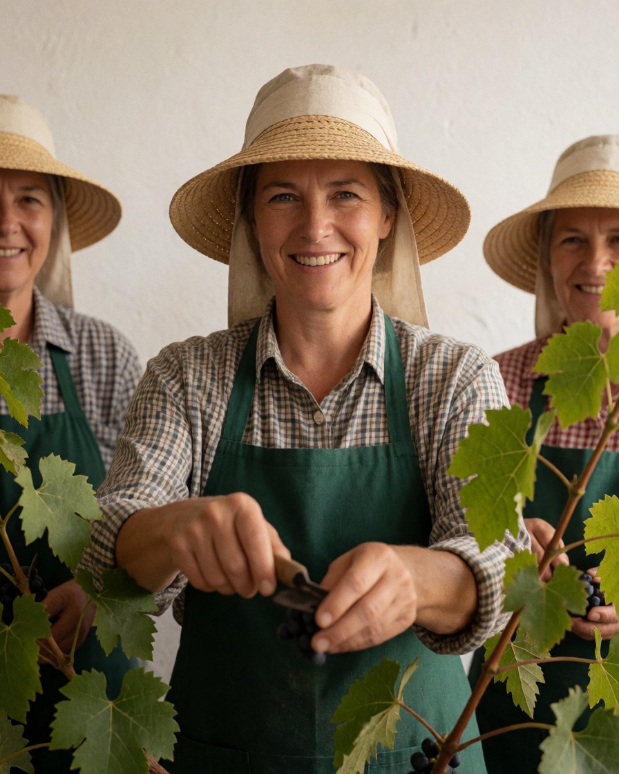 Three smiling women picking grapes in a vineyard wearing hats and aprons under warm natural light