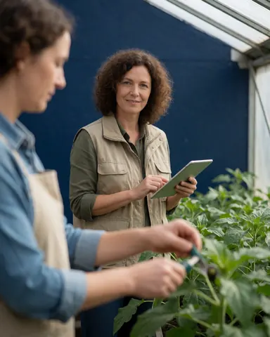 Female agronomist holding a tablet in a greenhouse while working with green plants and a colleague nearby against a dark blue wall.