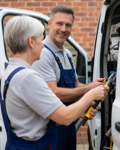 A male and female plumber collaborate on repairs inside a white van, surrounded by tools, with a red brick wall in the background under natural light.