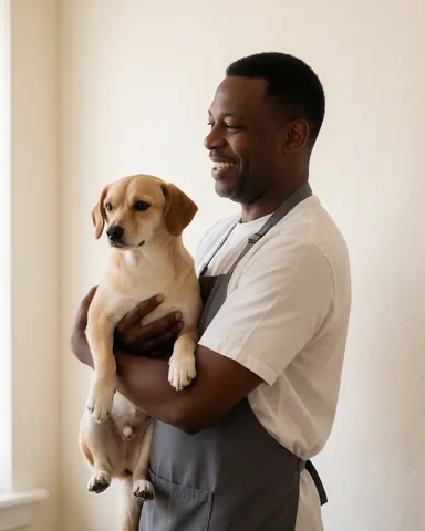 A smiling groomer holds a freshly groomed dog in a bright salon with white walls and natural light.